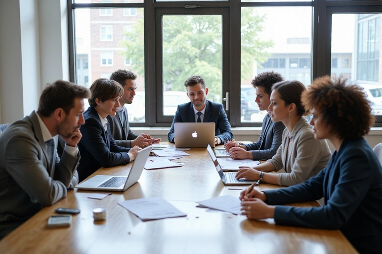A diverse team of professionals discussing corporate legal documents in a modern office environment.