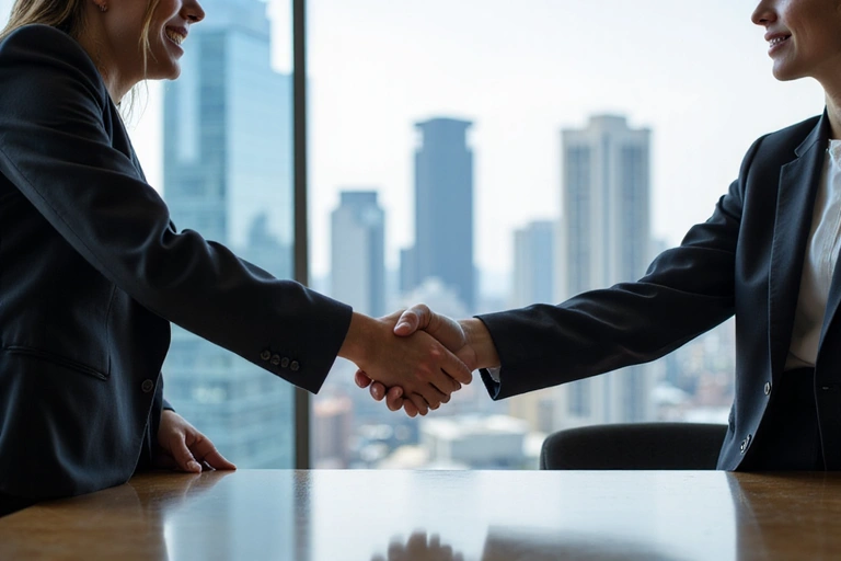 Two business people shaking hands over a blurred cityscape, symbolizing a successful cross-border acquisition.