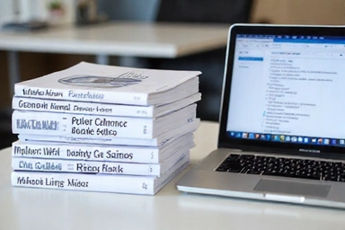 A stack of HR policy manuals on a desk with a laptop