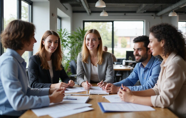 A diverse group of professionals collaborating in a positive workplace environment