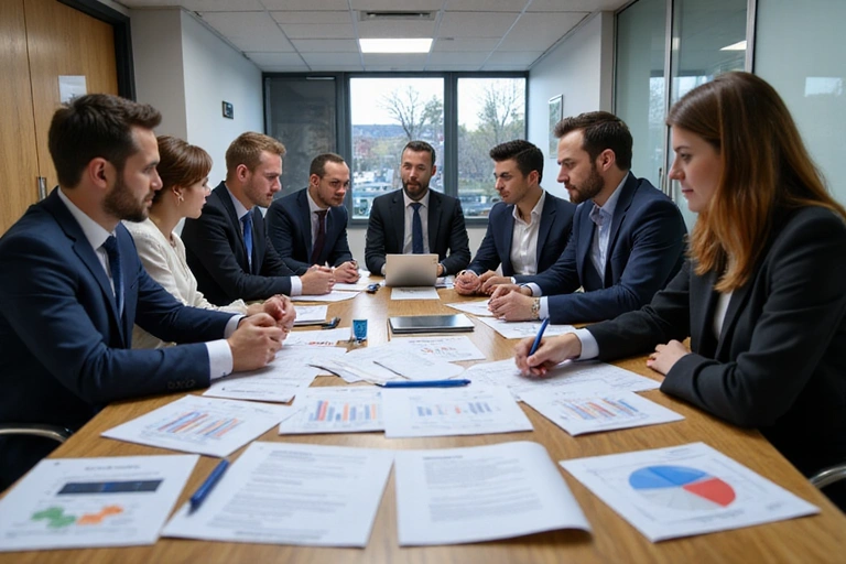 Diverse professionals collaborating on legal documents