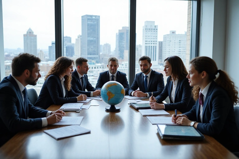 Global legal team collaborating on international law documents