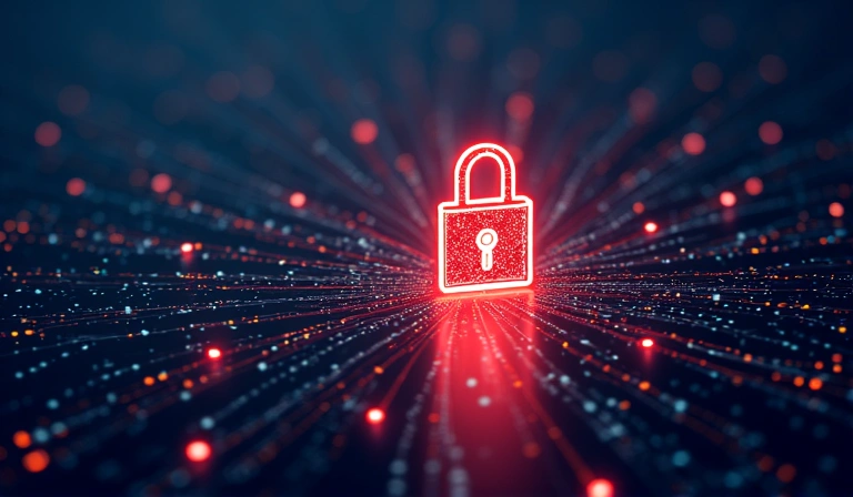 Digital privacy concept with padlock and network