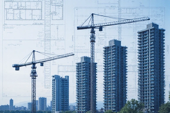 Architectural blueprint and construction site representing property development