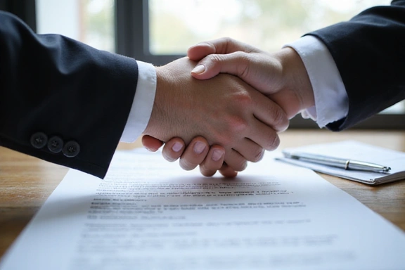 Two hands shaking over a legal document, symbolizing dispute resolution